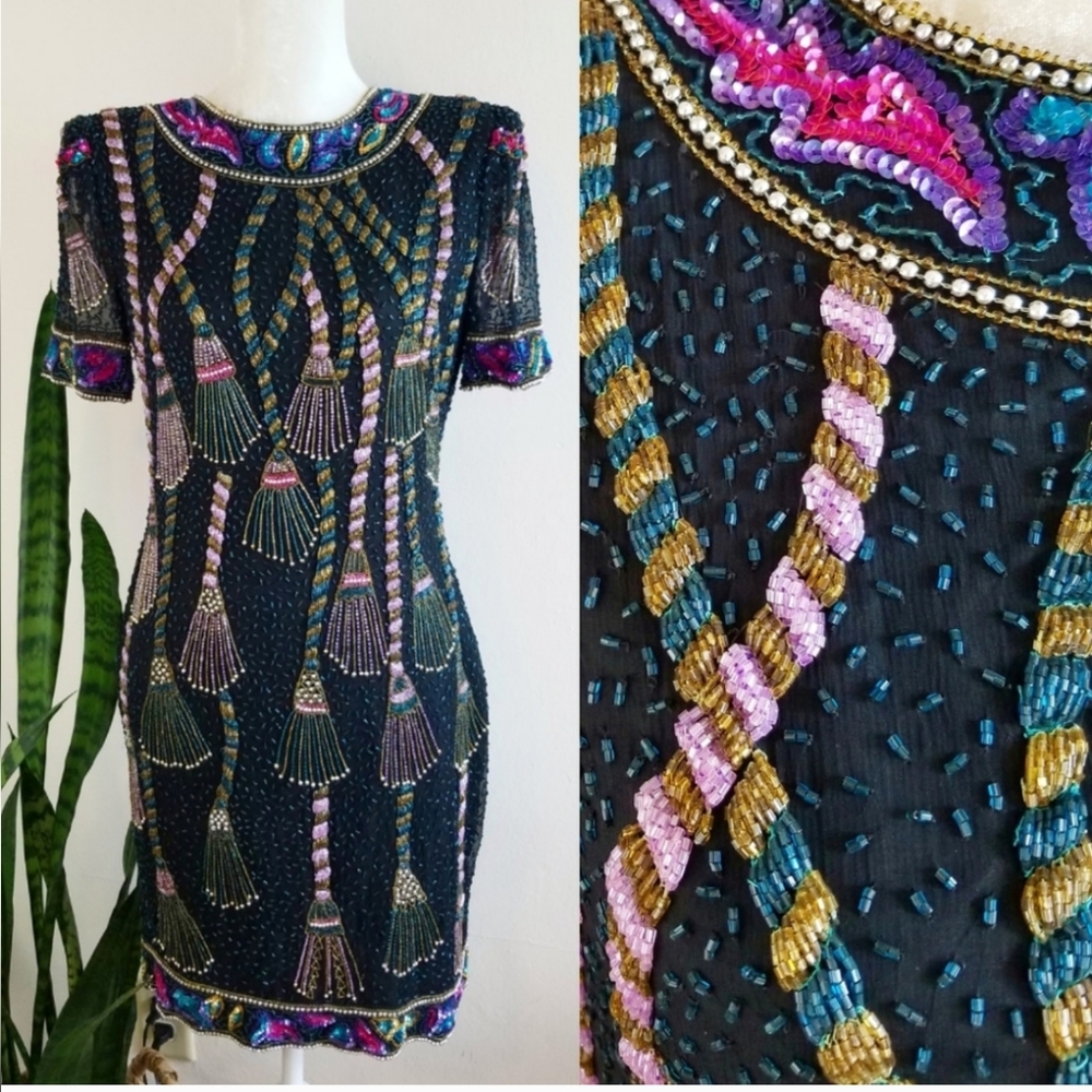 VTG 80s Sweelo Sequin + Bead Tassel Dress